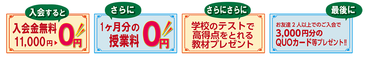 入会金11,000円無料！さらに１か月分の授業料無料！さらにさらに学校のテストで高得点を取れる教材プレゼント！最後にお友達と２人以上でのご入会で3,000円分のQUOカード等プレゼント！！